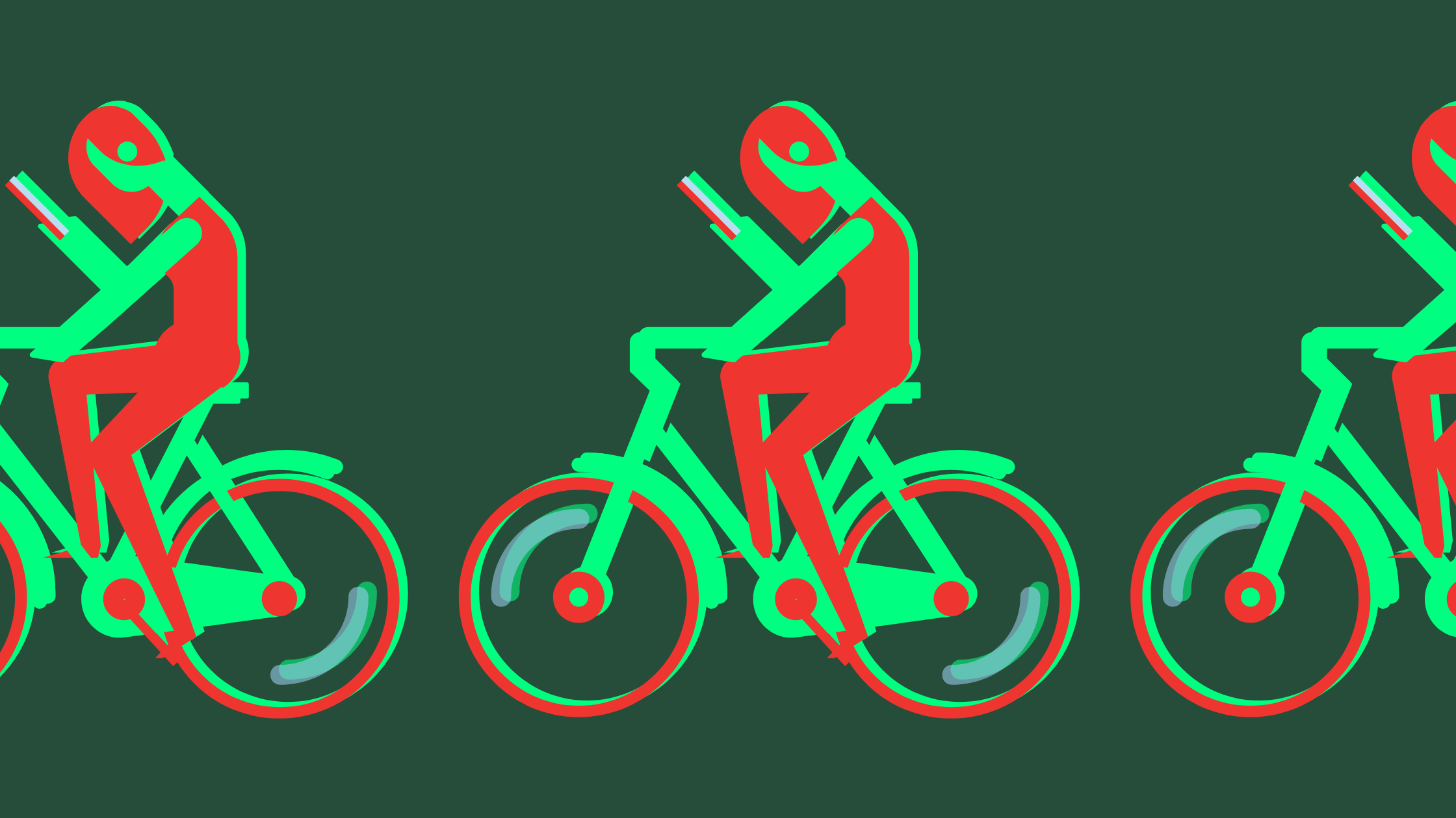 Repeating illustration of a person in red and green riding a bicycle while looking at their phone, against a dark green background.