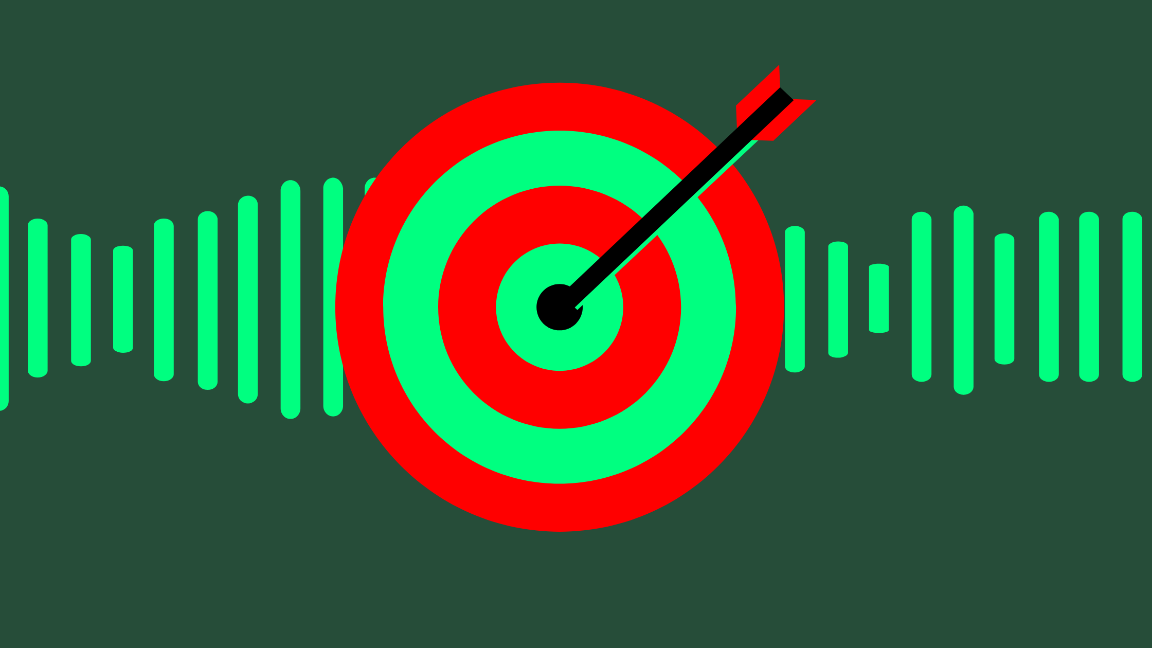 Illustration of a black arrow hitting the centre of a red and green target, surrounded by green lines resembling a digital audio waveform.