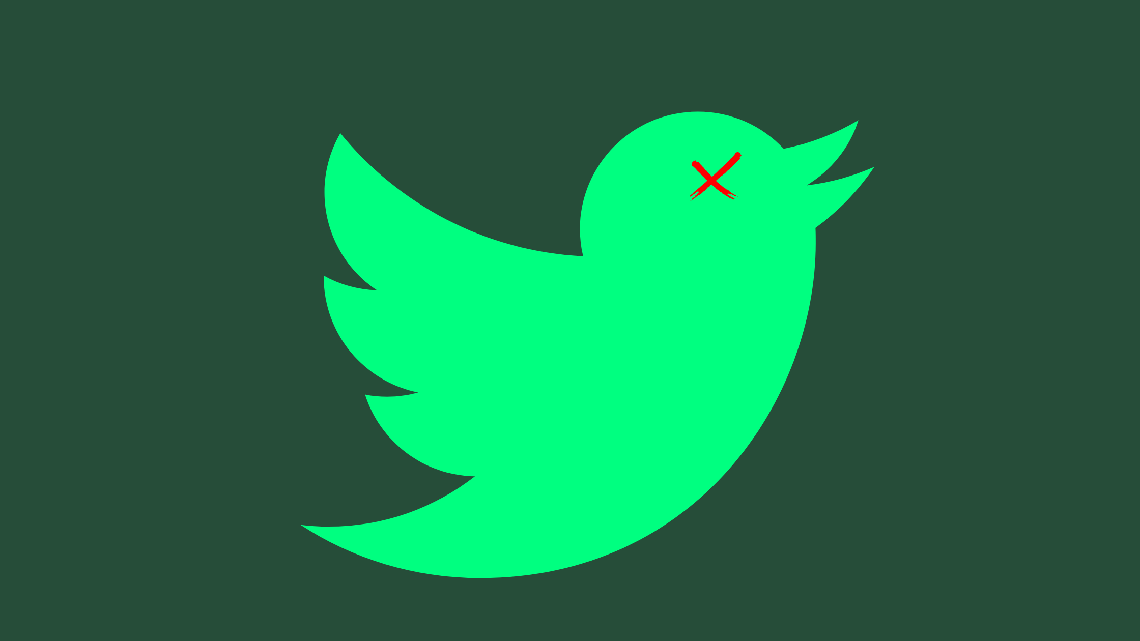 Illustration of a green Twitter/X bird logo on a dark green background with a red X drawn over the bird’s eye, suggesting the platform being crossed out or shut down.