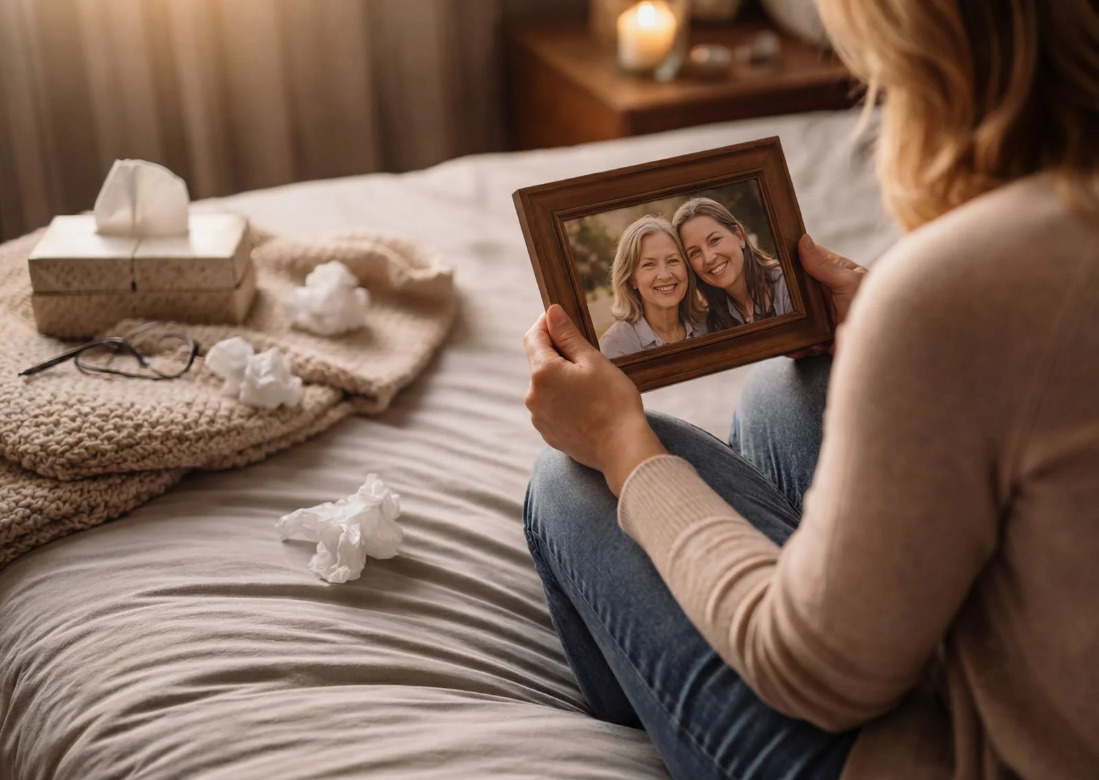 Adult woman sitting on a bed holding a framed photo of herself with her mother, reflecting on grief and the emotional impact of losing a parent in adulthood.