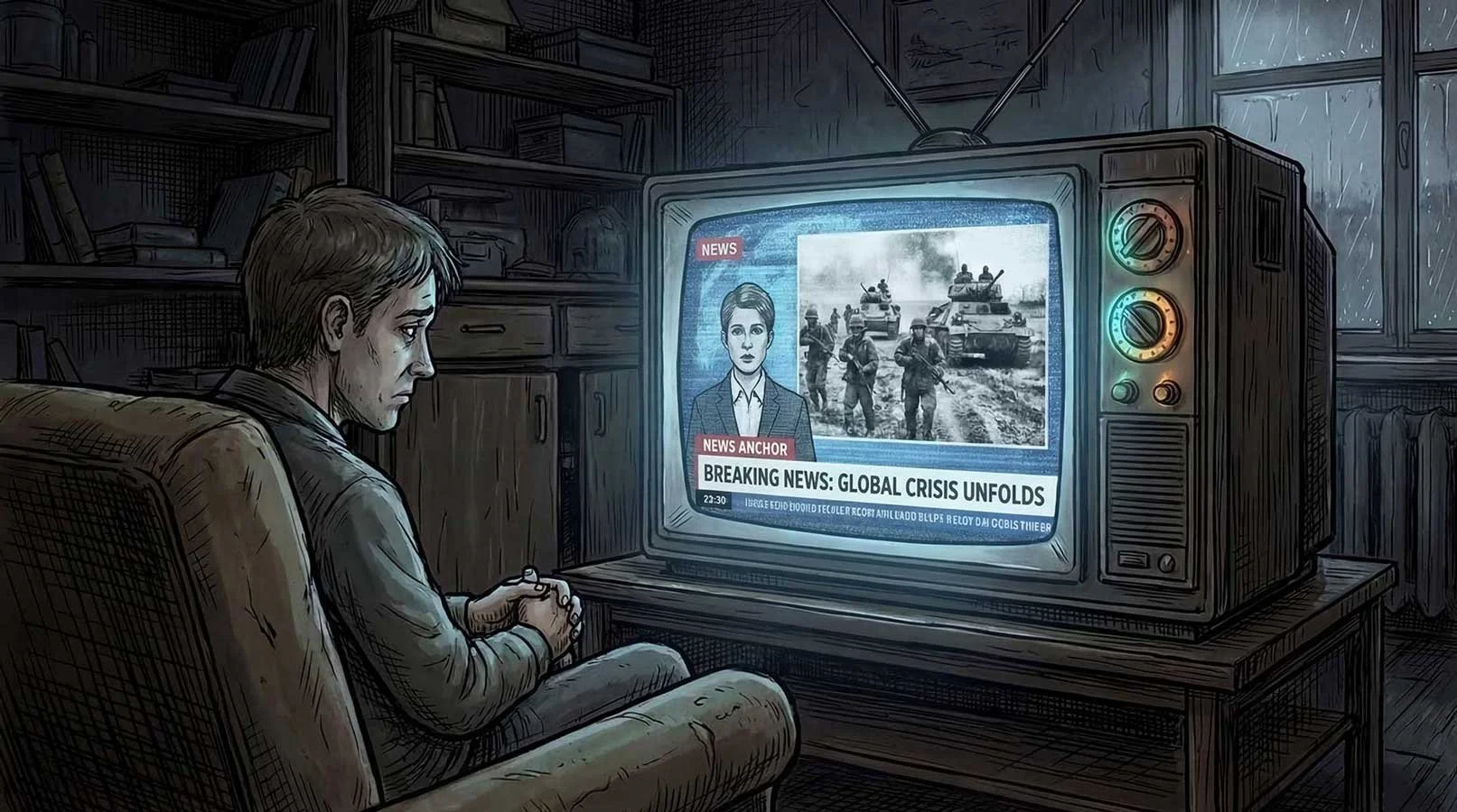 Person watching distressing news coverage about global events on television, representing how constant news exposure can increase anxiety and stress, a topic often discussed in trauma-informed therapy.