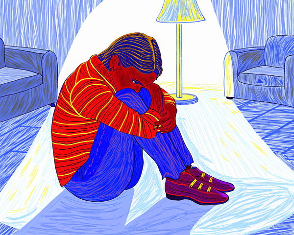 Illustration of a person sitting alone under a lamp, symbolizing trauma, grief, and healing through Sara Wilper Therapy.