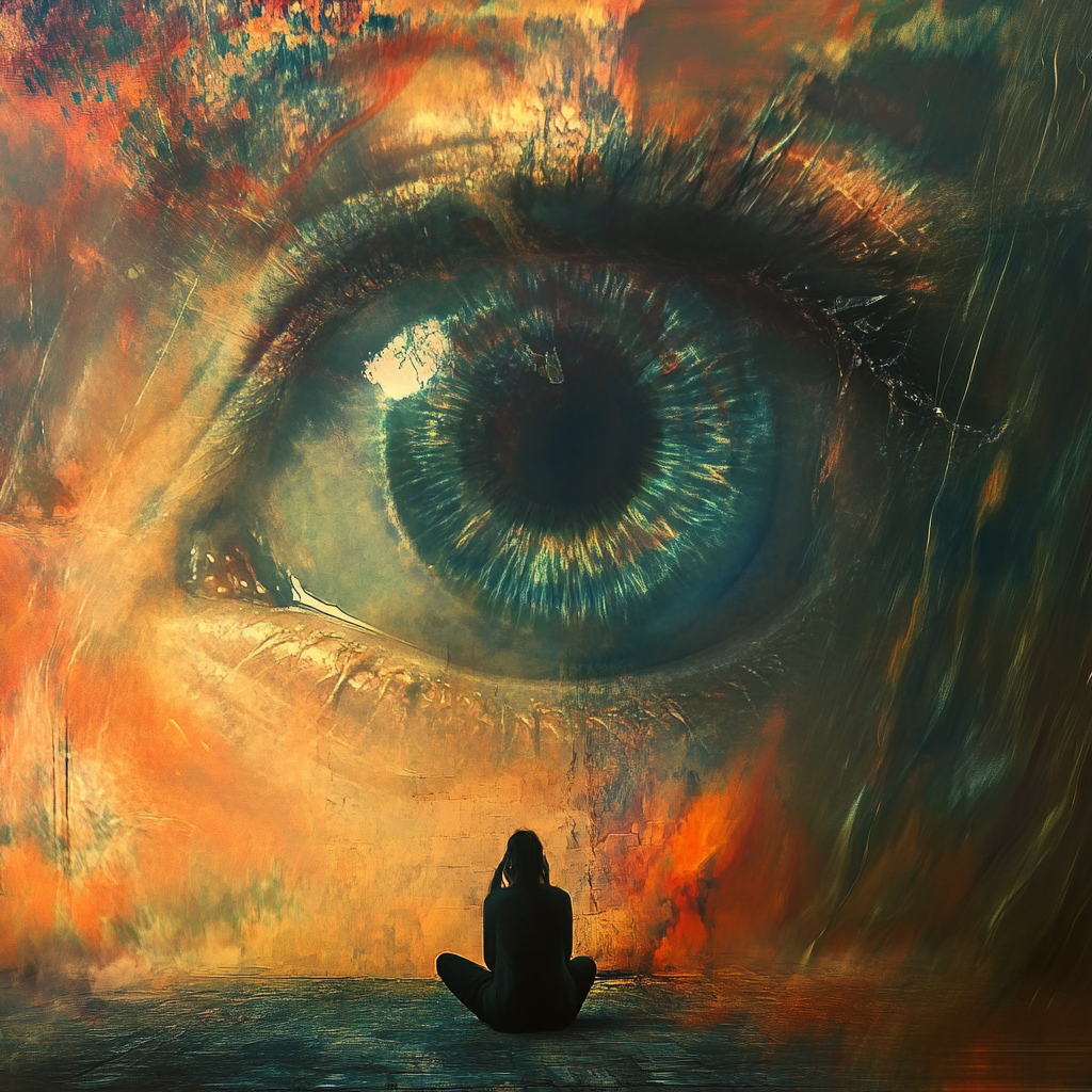A person sitting cross-legged facing a large, surreal eye mural with vibrant colors and abstract textures.