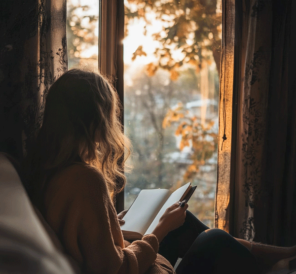 Woman journaling by a window, symbolizing reflection and healing through Sara Wilper Therapy.