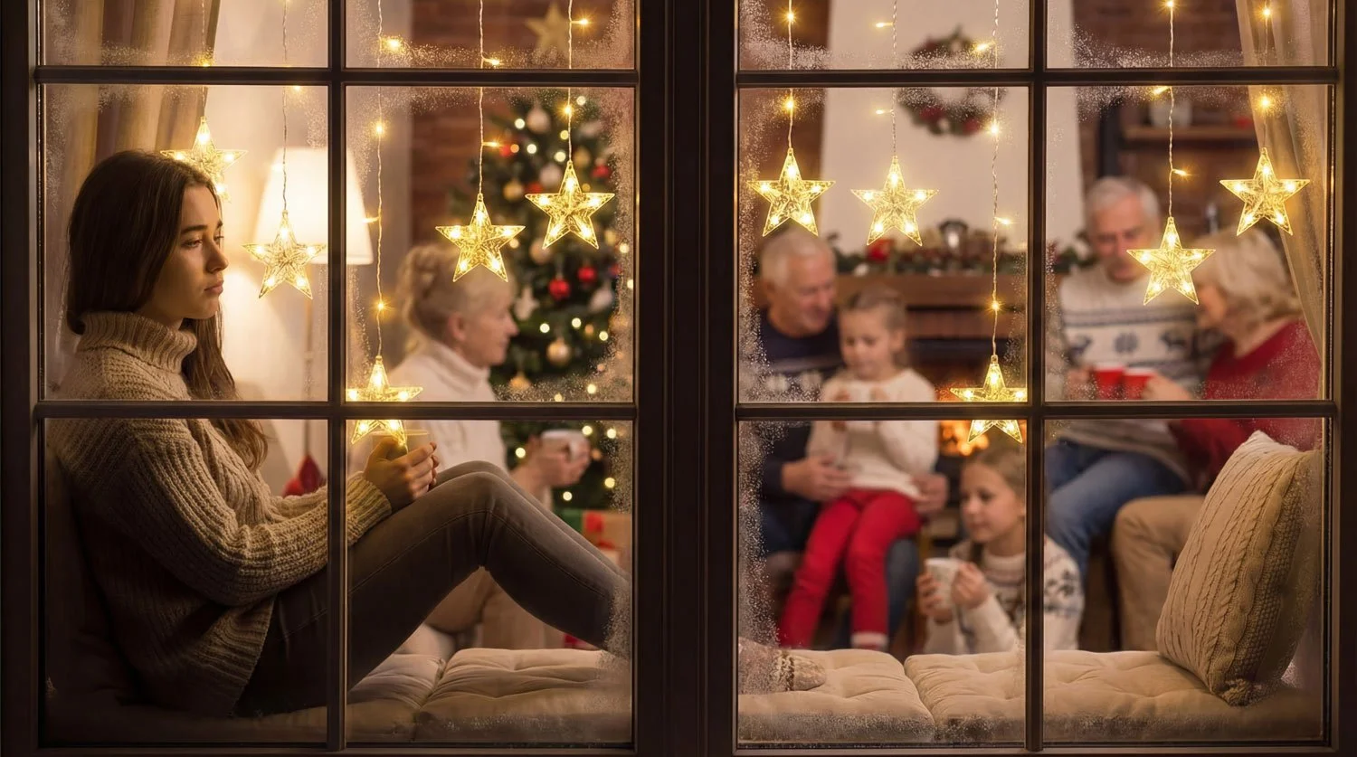 Person sitting alone by a window during a Christmas family gathering, illustrating symptoms of depression and the impact on mental health and emotional well-being.