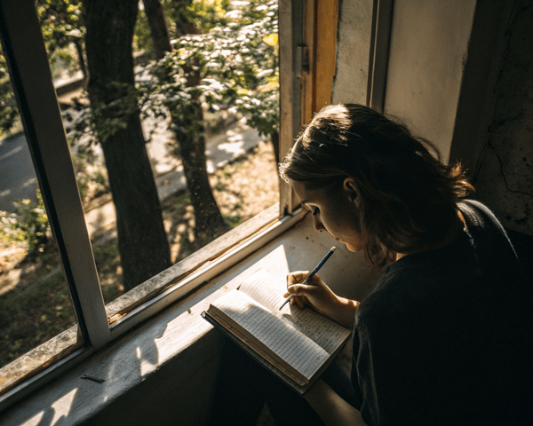 Person journaling by a window, symbolizing reflection and PTSD healing through Sara Wilper Therapy.