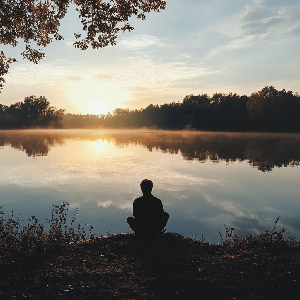 A person in silhouette, gazing over a lake at sunrise, symbolizing reflection, peace, and new beginnings.