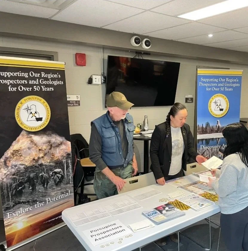 Arden Brooks, Prospector, and Judy Lam, Geologist and Past President of the Porcupine Prospectors and Developers Association. Volunteering at the MineOpportunity Challenge for youth at Northern College, Porcupine, Ontario in 2025.