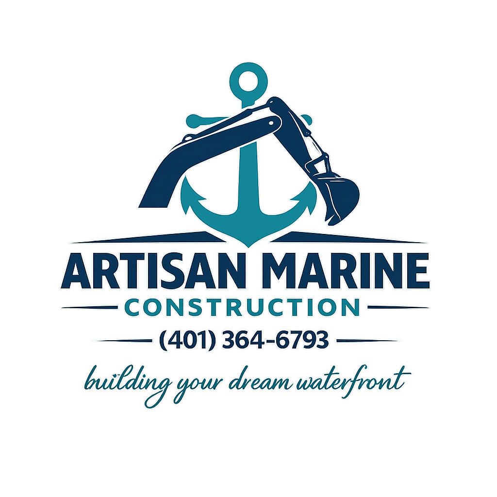 Logo of Artisan Marine Construction featuring an anchor, a hand gripping a wrench, and shoreline with water, along with the company name, phone number, and slogan "building your dream waterfront."