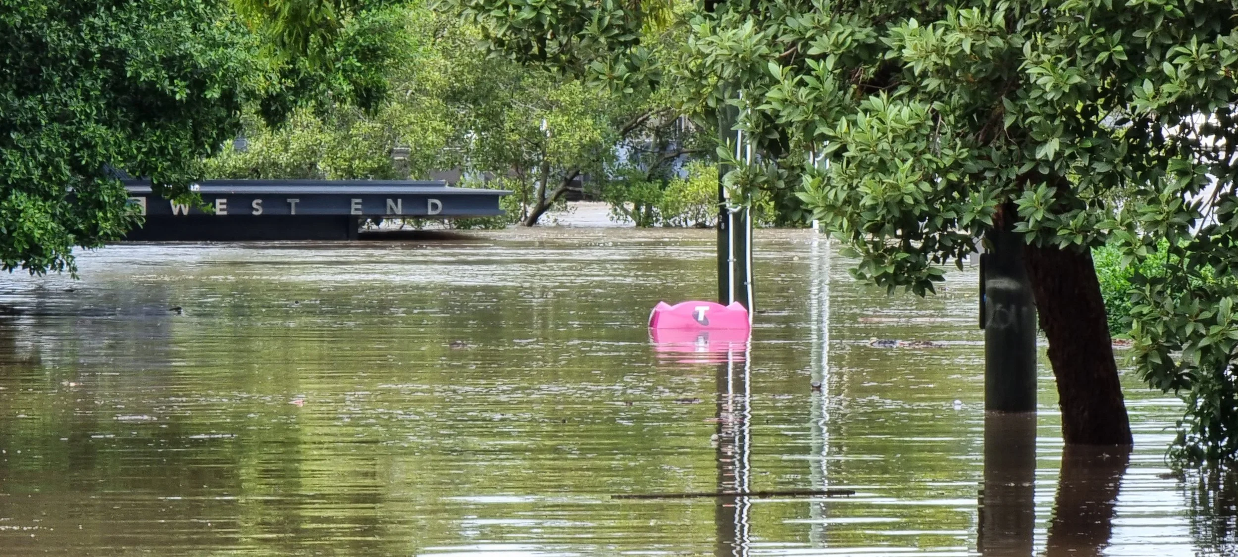 The top of a Telstra phone box peaks out of flood waters.