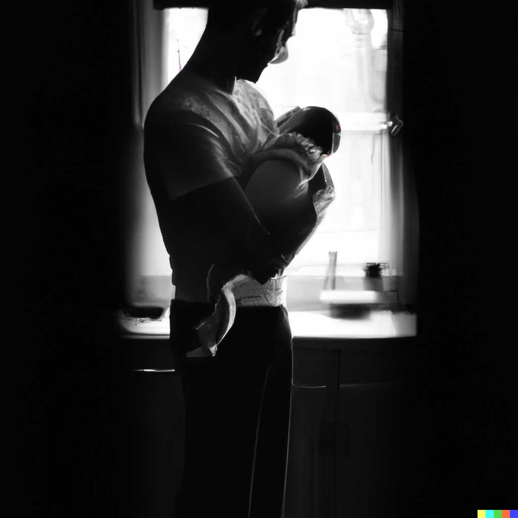 A BABY2 2023-06-14 13.35.52 - Abstract figurative black and white photo of a tall skinny father holding a bundled up newborn baby in a kitchen window light.png