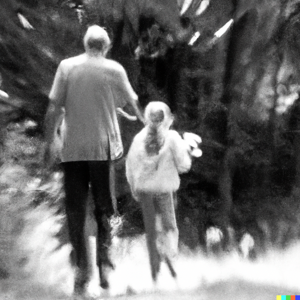 C-CHILD 8  2023-06-14 13.45.44 - Figurative Black and white photograph abstract of a father and a 12 year old daughter walking together in a forest lots of sunlight and flowers.png
