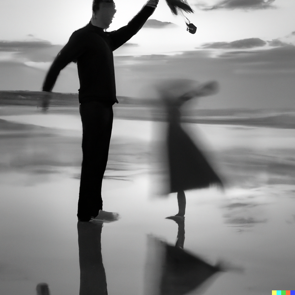 C-CHILD BEACH 2023-06-14 13.38.58 - Abstract Black and white photograph of a tall man near the ocean with a sunrise with a mother and a child dancing swirling of flower petals around the.png