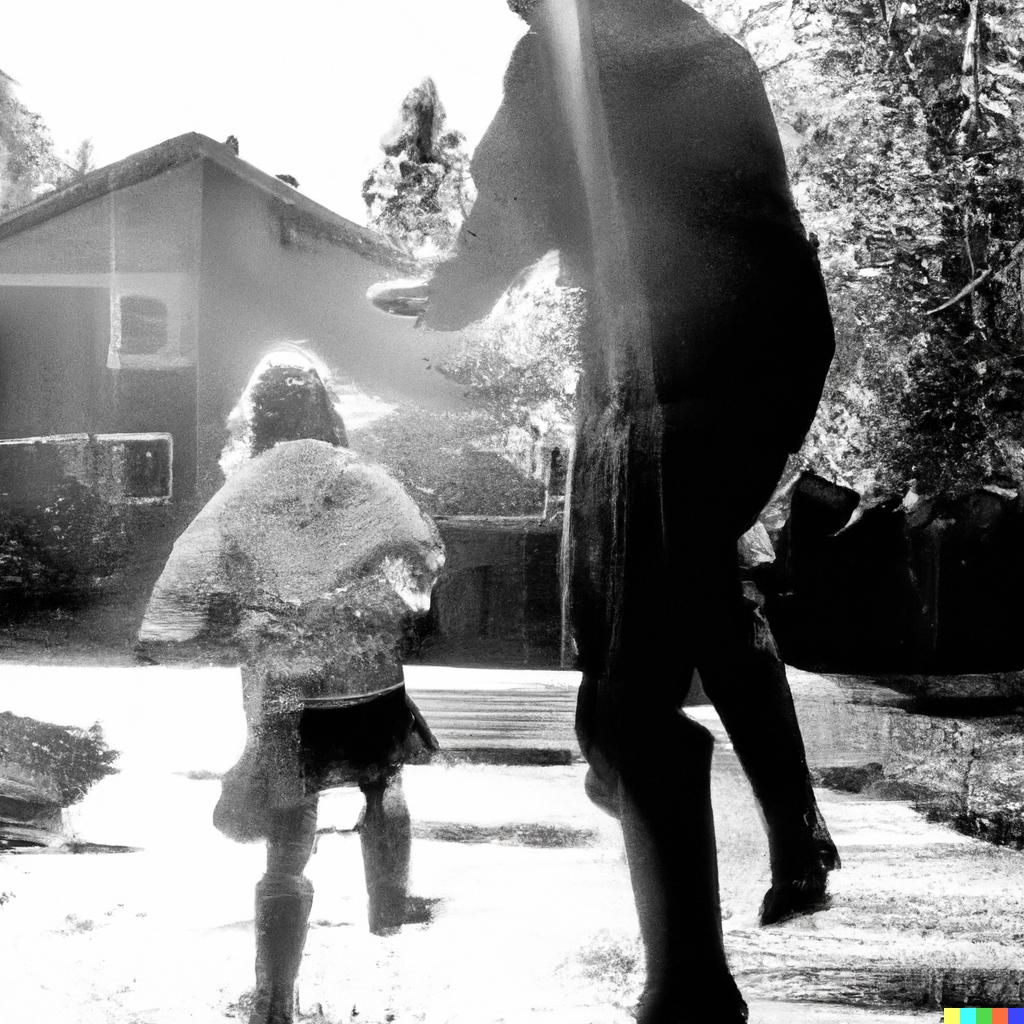 C-CHILD 4.2 2023-06-14 13.41.34 - Abstract black and white photo figurative of a tall Russian father and 6 year old daughter  together jumping in puddles through a sunny rain fall.png