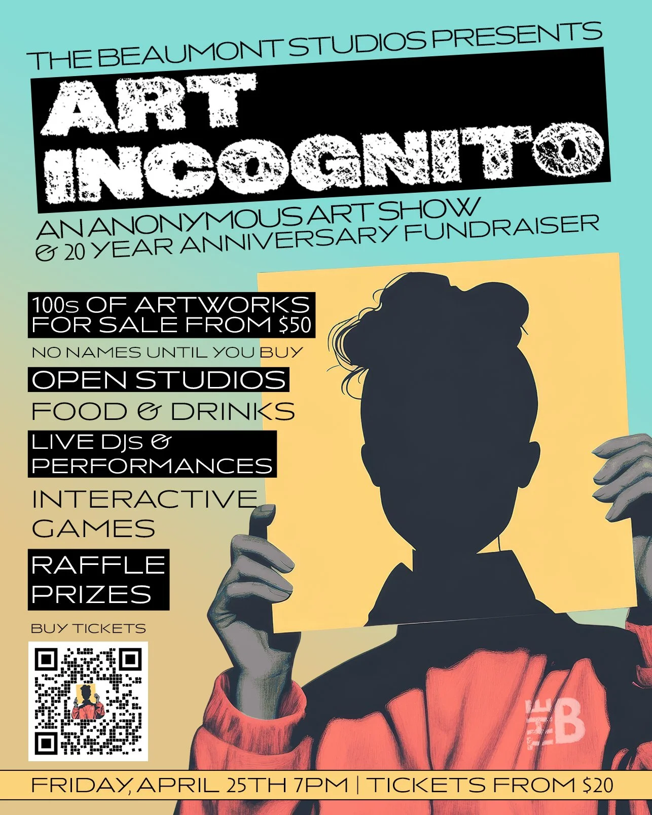 Event poster for Art Incognito art show including info about artwork sales, food, drinks, DJs, performances, interactive games, raffle prizes, and ticket purchase QR code. Features an illustrated woman in a red jacket holding a sign with a silhouette of a person's head.
