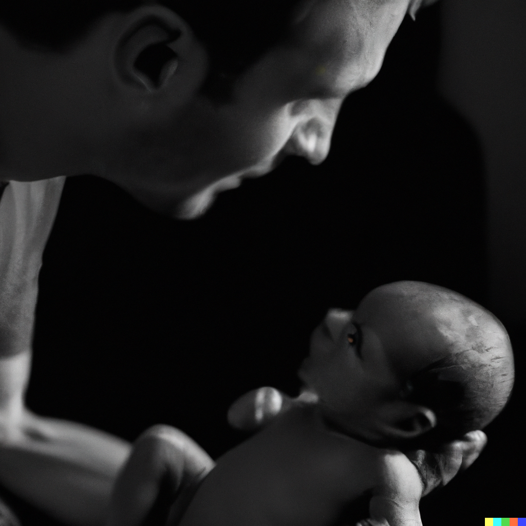 A BABY1.2 2023-06-14 13.43.14 - Abstract black and white photo figurative of a young father holding closely his newborn daughter looking at baby with love hope admiration .png