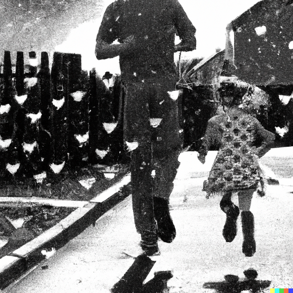 C-CHILD 5 2023-06-14 13.41.44 - Abstract black and white photo figurative of a tall Russian father and 6 year old daughter  together running through a sunny rain fall with hearts .png