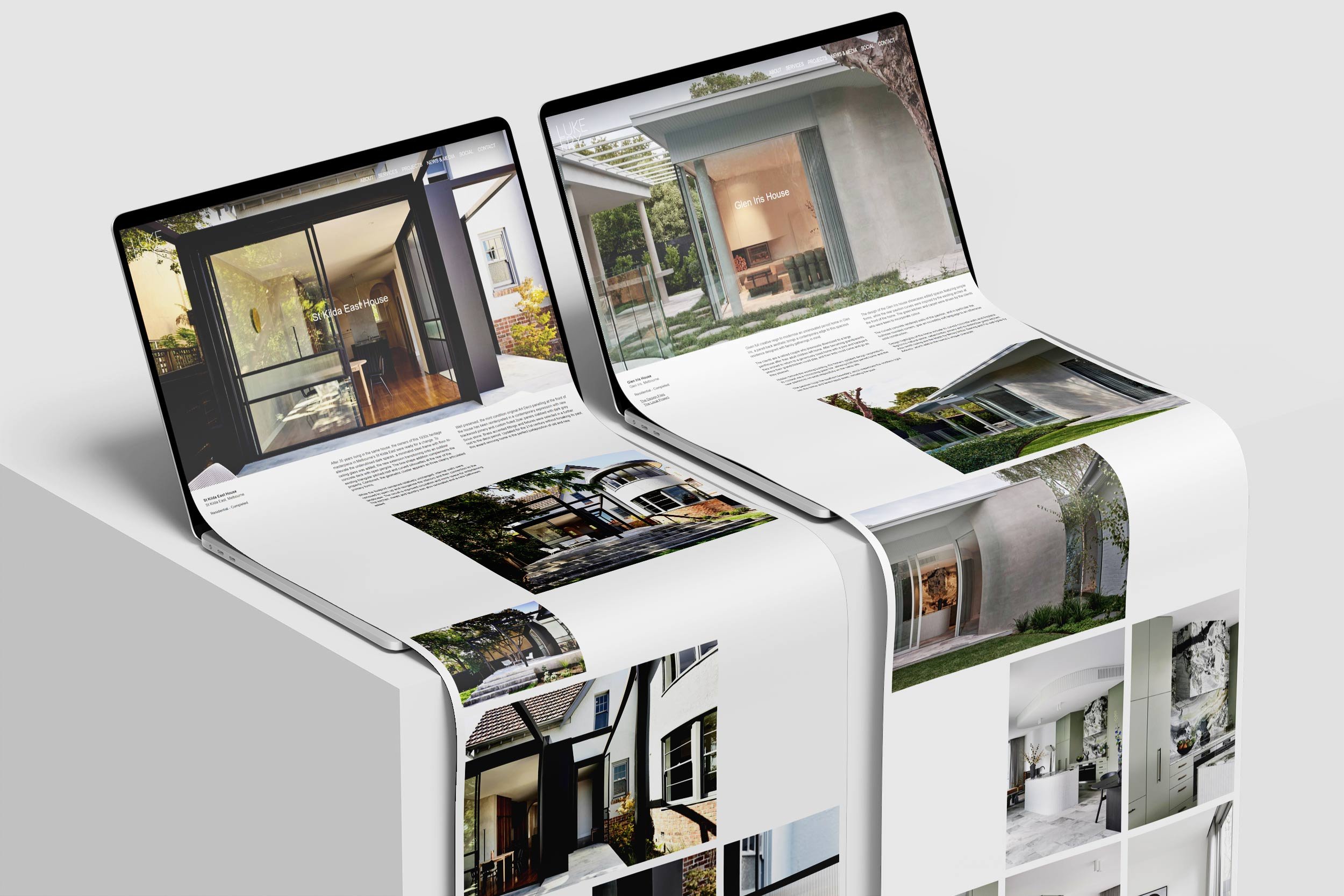 Two project page renders, overflowing from two laptop screens, showing a property/project each, that includes a large hero image, a couple of paragraphs of text about the project and a selection of photos.