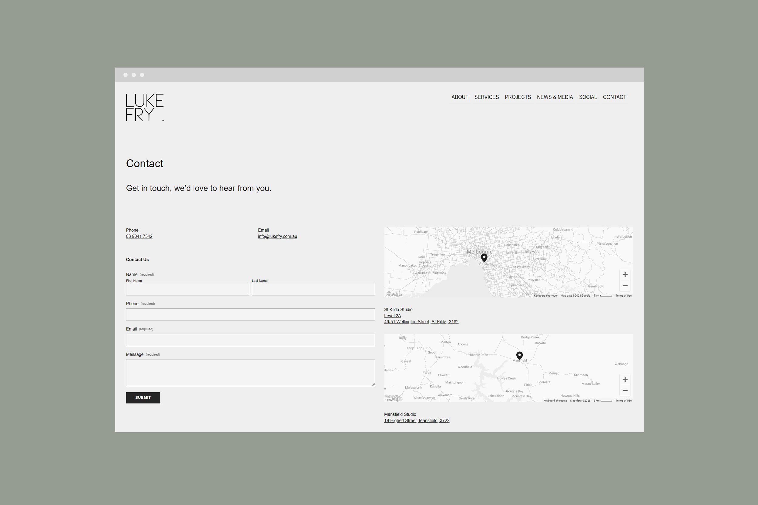 A Contact page, including multiple locations, maps and a contact form.