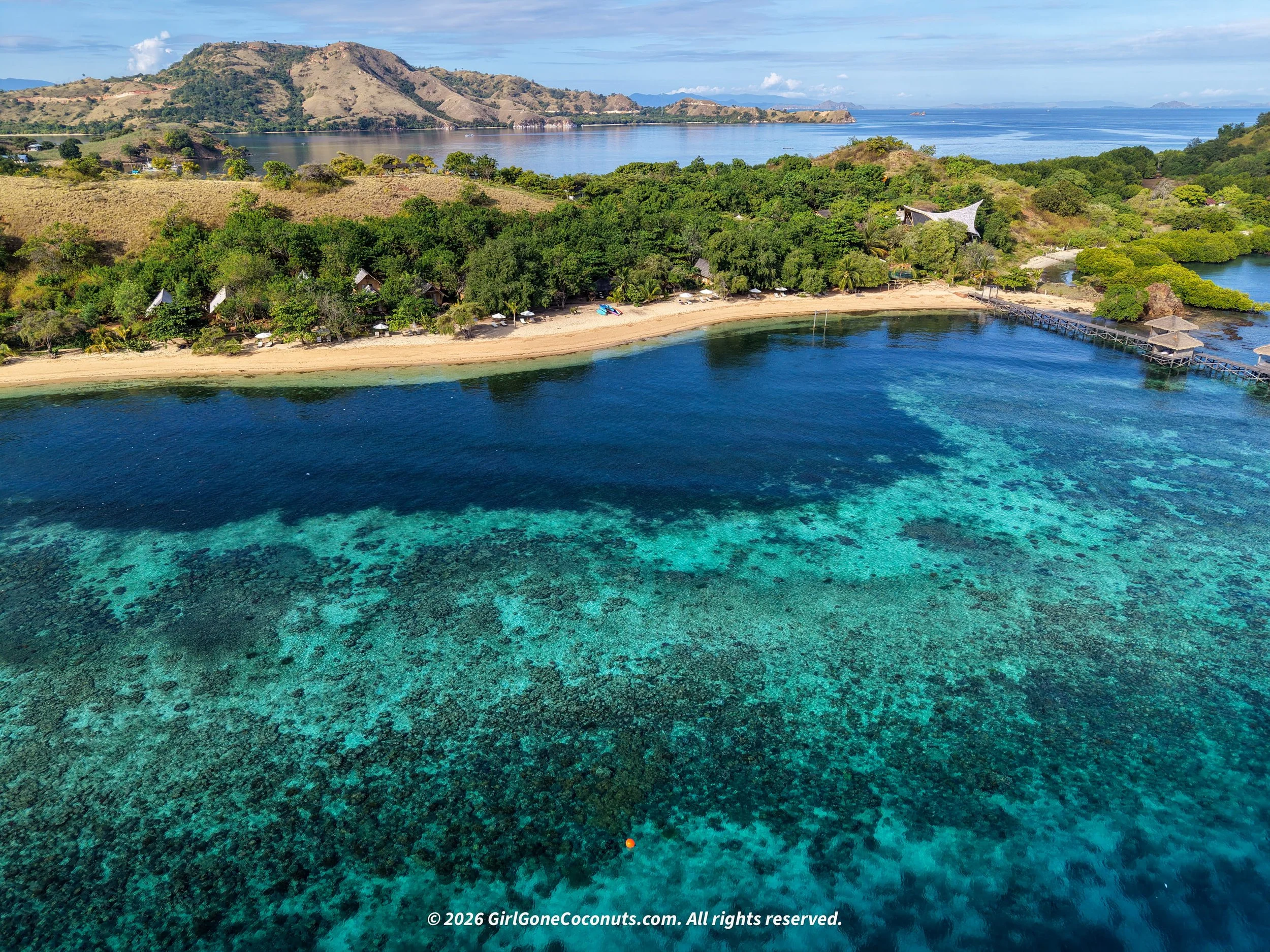 An aerial view of The Seraya resort and their house reef in Komodo.