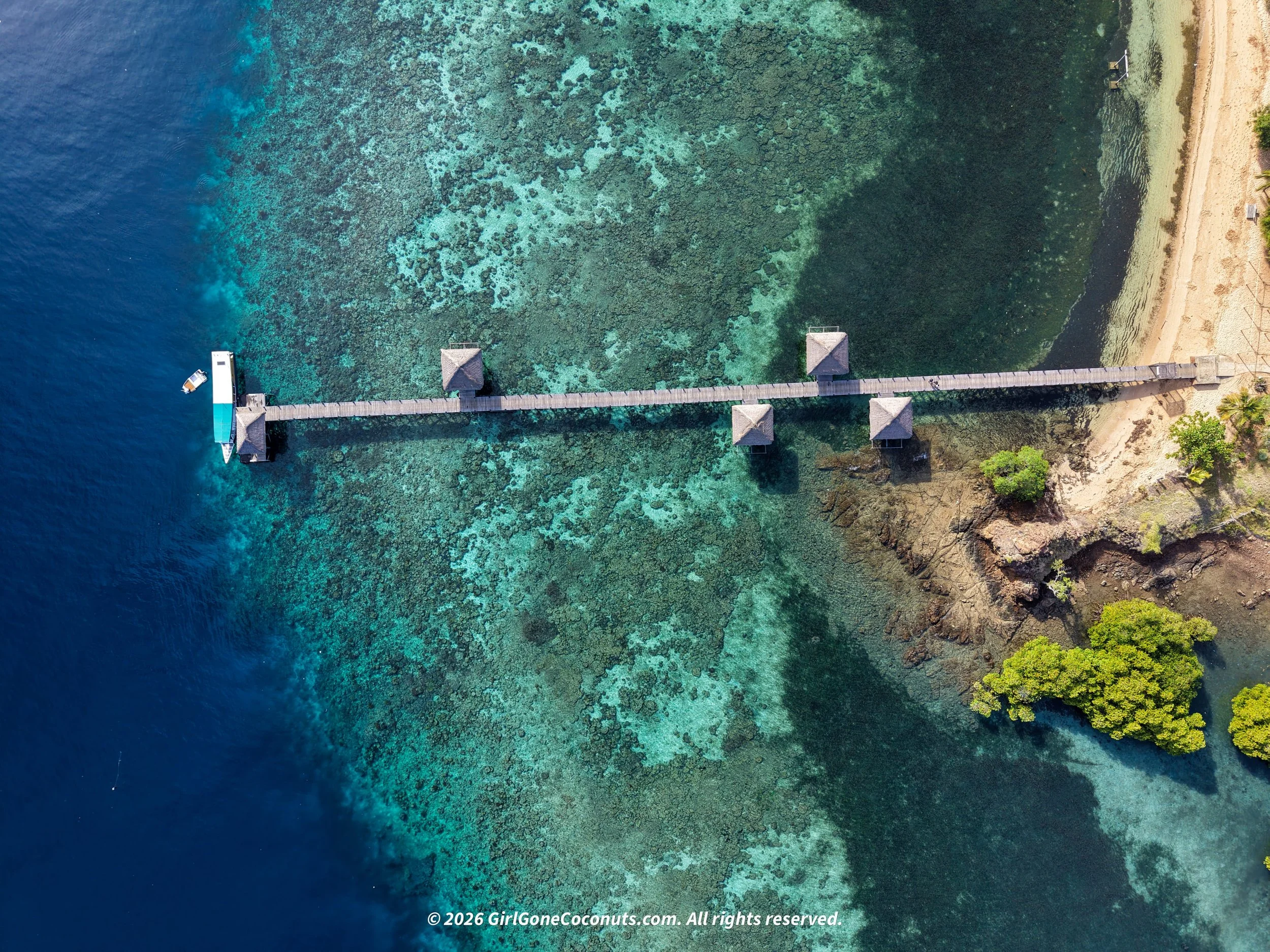 An aerial view of the jetty at The Seraya Resort in Komodo.