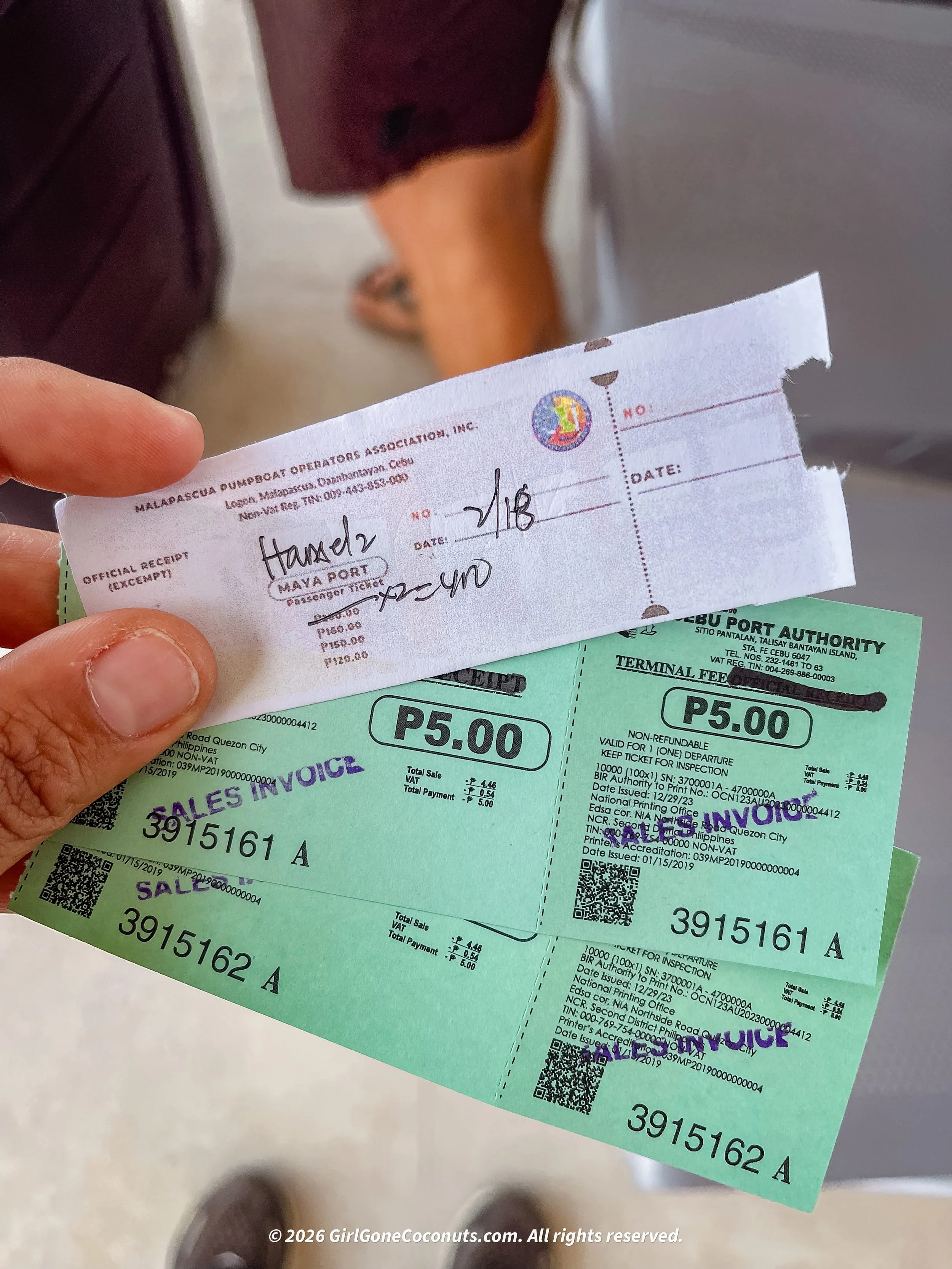 The ferry tickets for the ride from Cebu City to Malapascua Island.