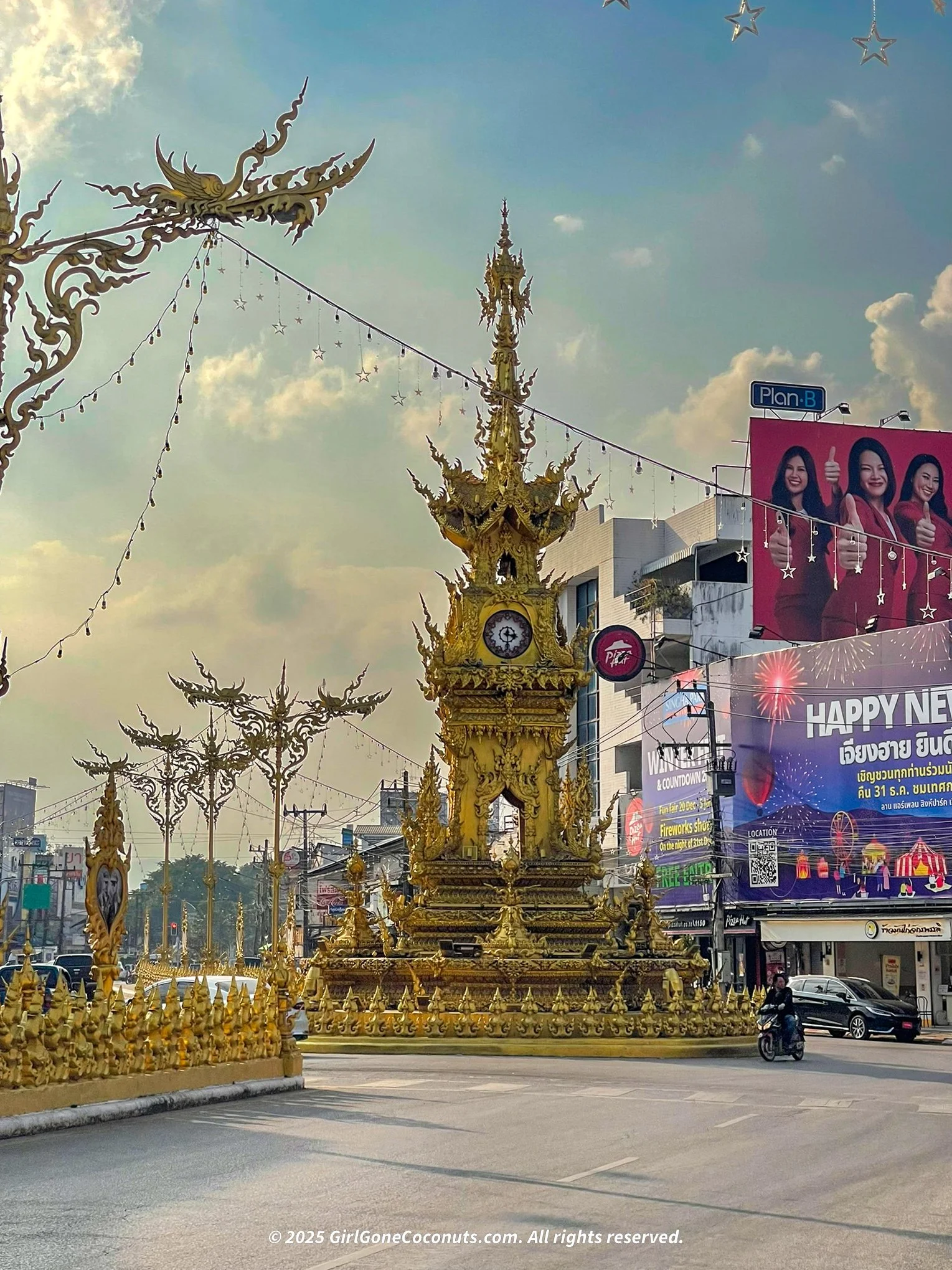 Chiang Rai clocktower decorated for the holiday season.