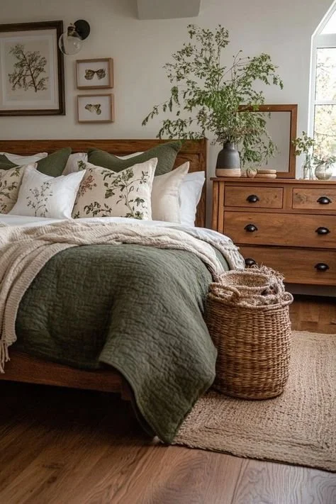 Cozy autumn bedroom with rustic wood bed, green quilt, botanical pillows, woven basket, and natural décor for a warm, inviting retreat.