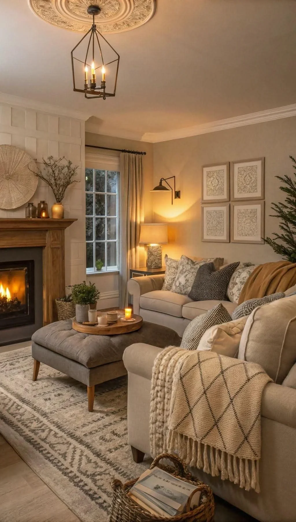 Warm living room with neutral sofas, cozy throws, layered pillows, tufted ottoman, candles, and a glowing fireplace for an inviting autumn retreat.