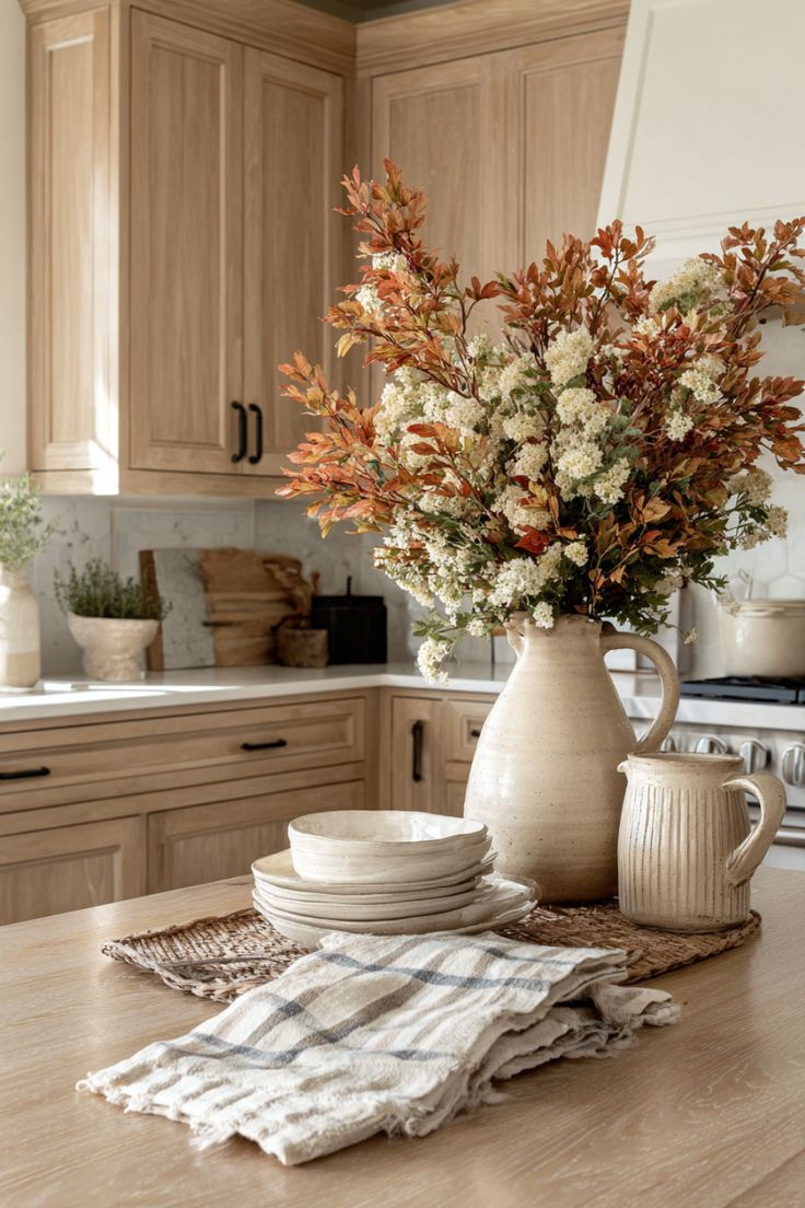 Warm kitchen with light wood cabinets, ceramic vases, autumn floral arrangement, stacked neutral dinnerware, and linen napkins on the island.