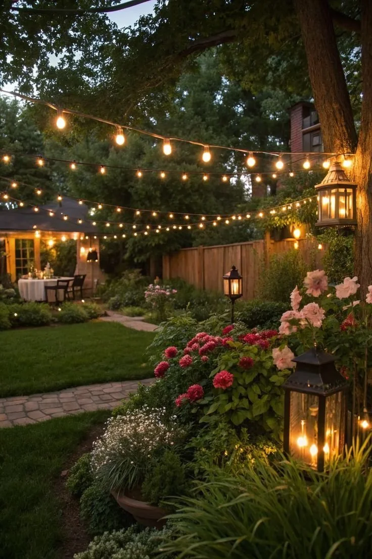 Charming backyard garden with string lights, glowing lanterns, lush flowers, and a cozy outdoor dining space for evening entertaining.