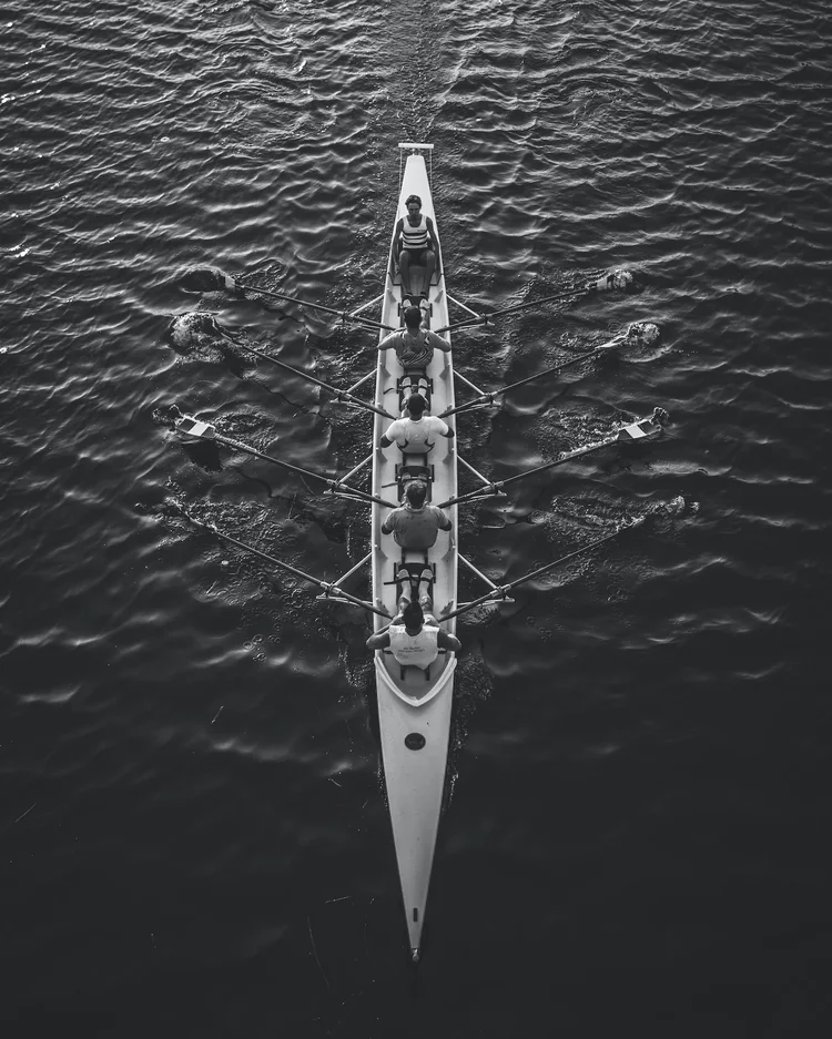 Aerial view of a rowing crew on dark water