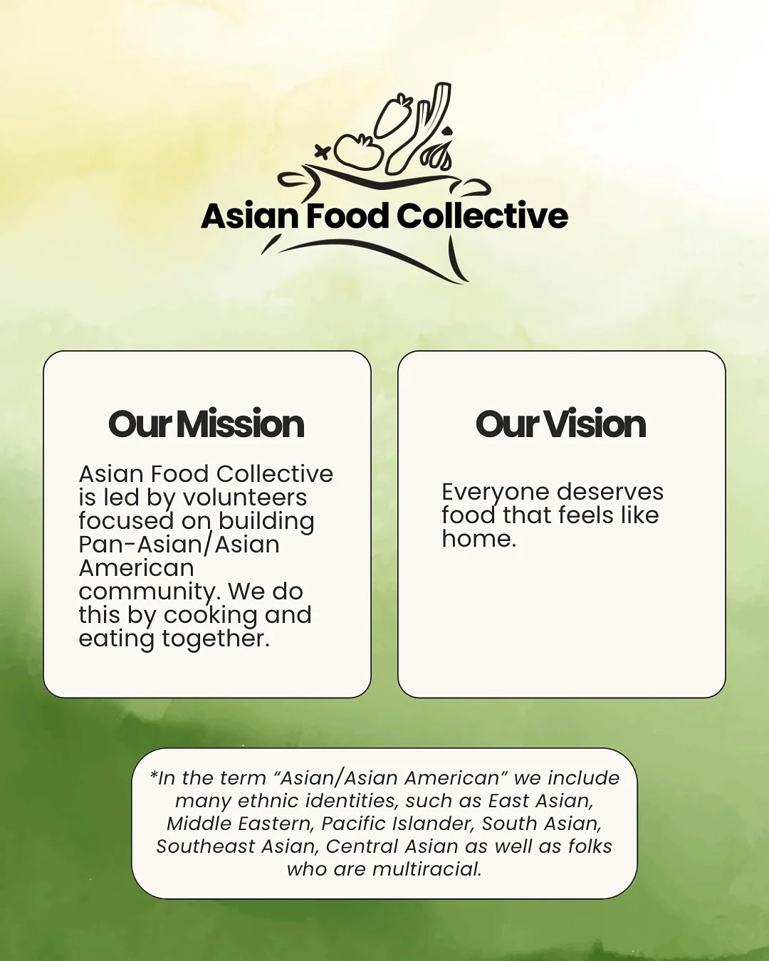 Hello! Welcome new followers, we wanted to reintroduce ourselves 👋 

Welcome to Asian Food Collective. Our mission is to build Pan-Asian/Asian-American community by eating and cooking together. We believe food is a beautiful medium for connection. 
