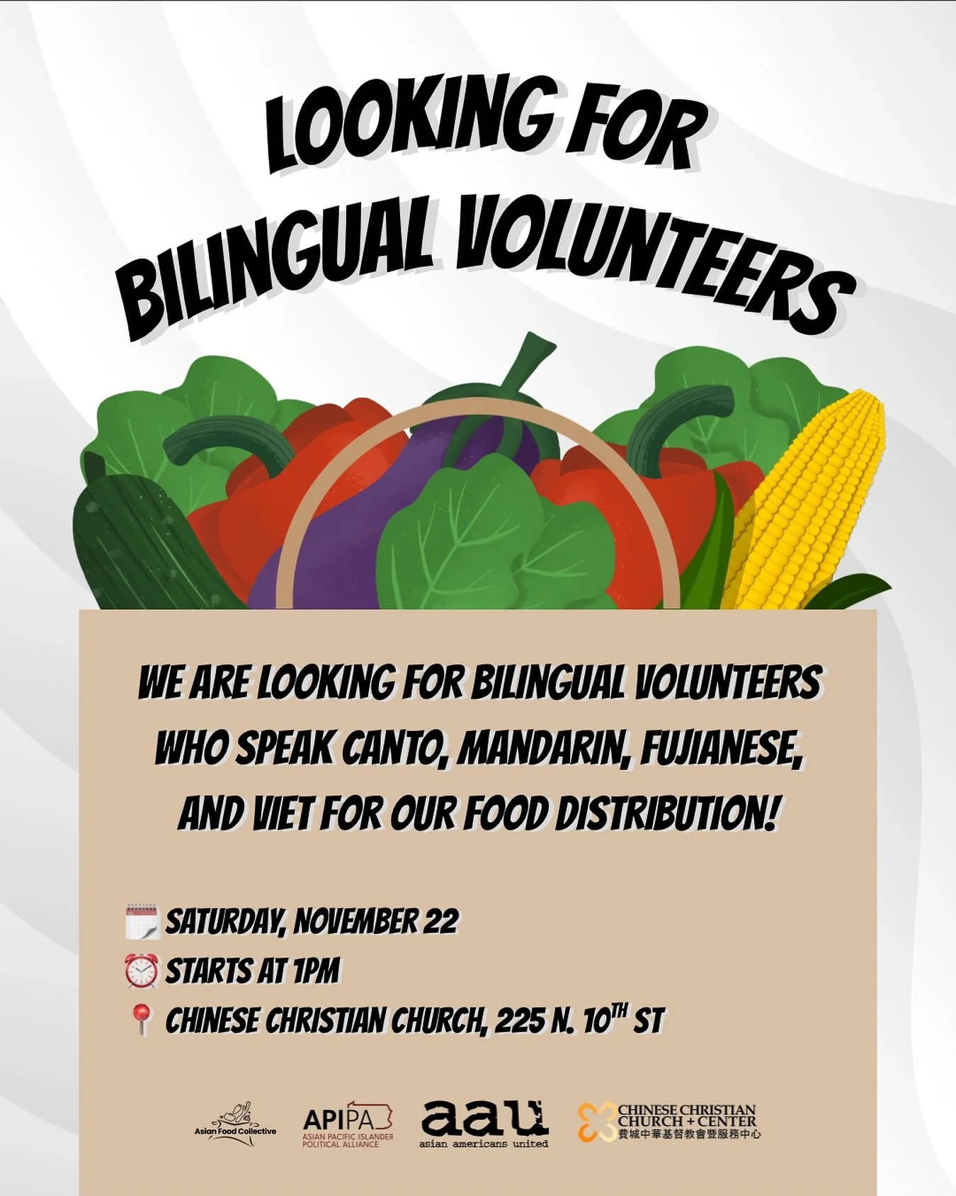 We are looking for more bilingual volunteers for this Saturday! Do you speak Canto, Mandarin, Fujianese, or Viet? Join us this Saturday, November 22 for a food distribution in Chinatown! 🔗 click the link in our bio to sign up.

Volunteers should wea