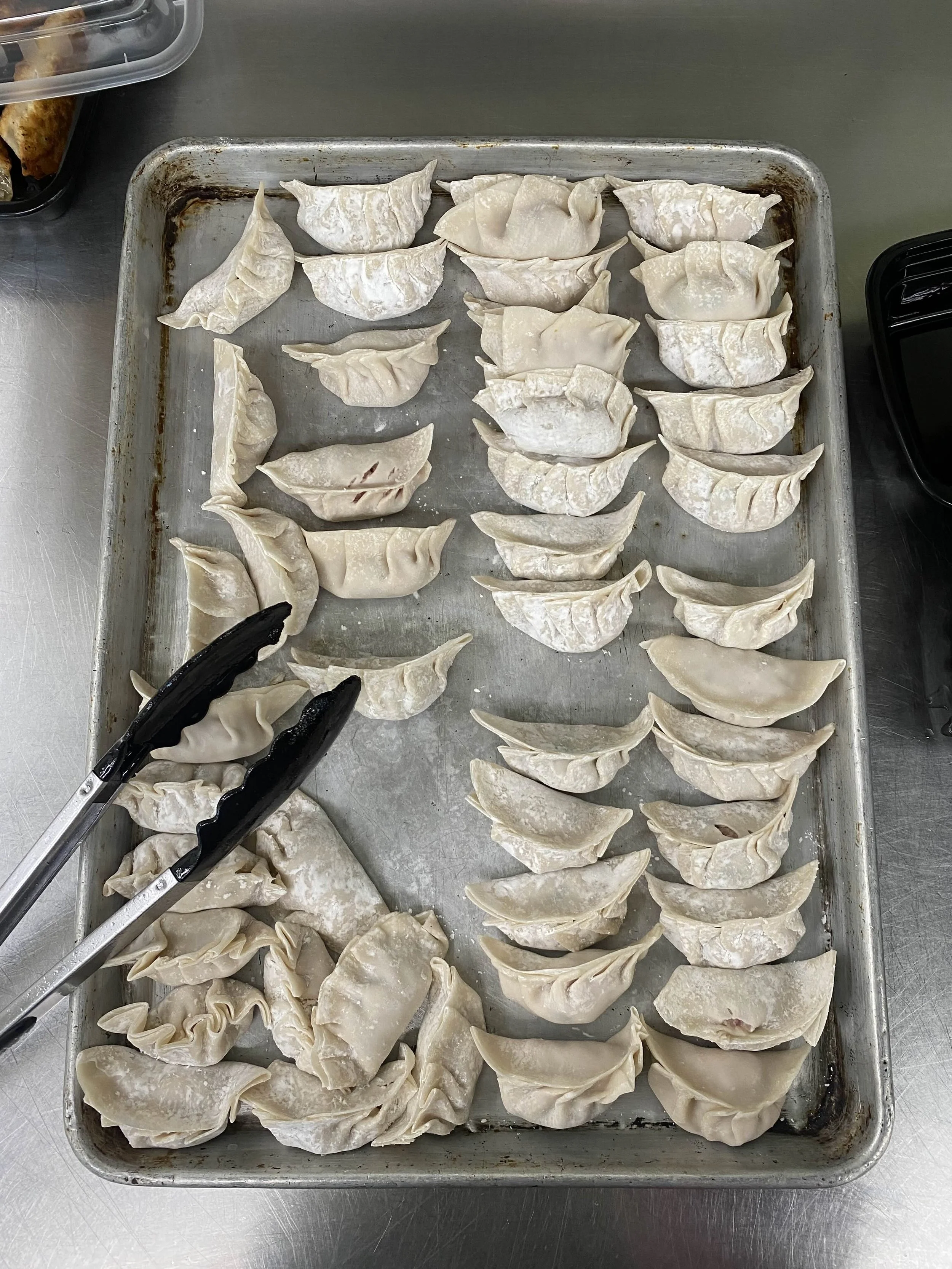 A tray of dumplings.