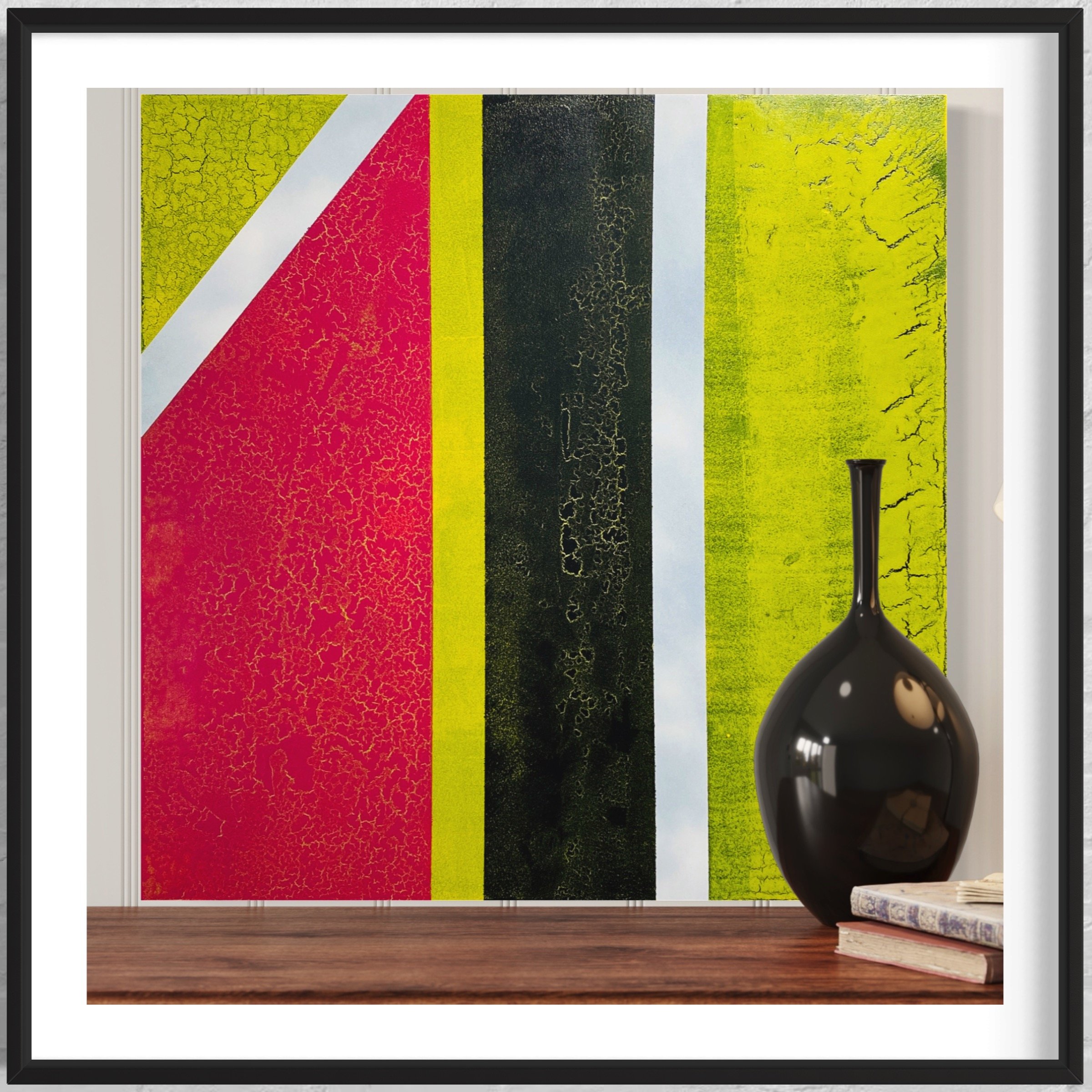 Artwork 'Explorations - Modern Geometry' by Aaron Joseph, combining Sherwin Williams colors, crackle texture, and bold geometric patterns.