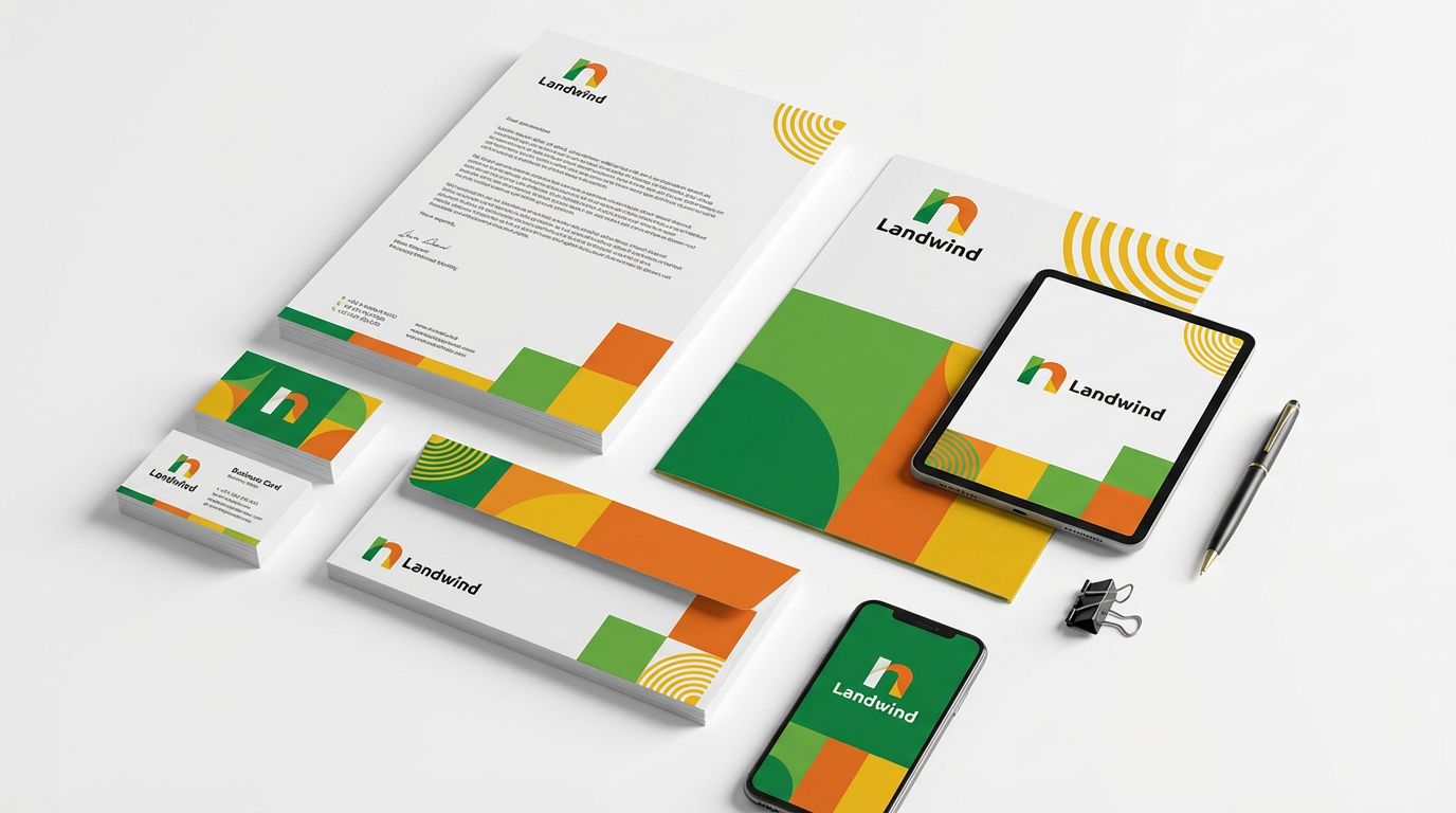 Branding stationery with the Landwind logo, including letterhead, business cards, envelopes, a tablet, a smartphone, and a pen, all featuring a green, orange, yellow, and black color scheme.