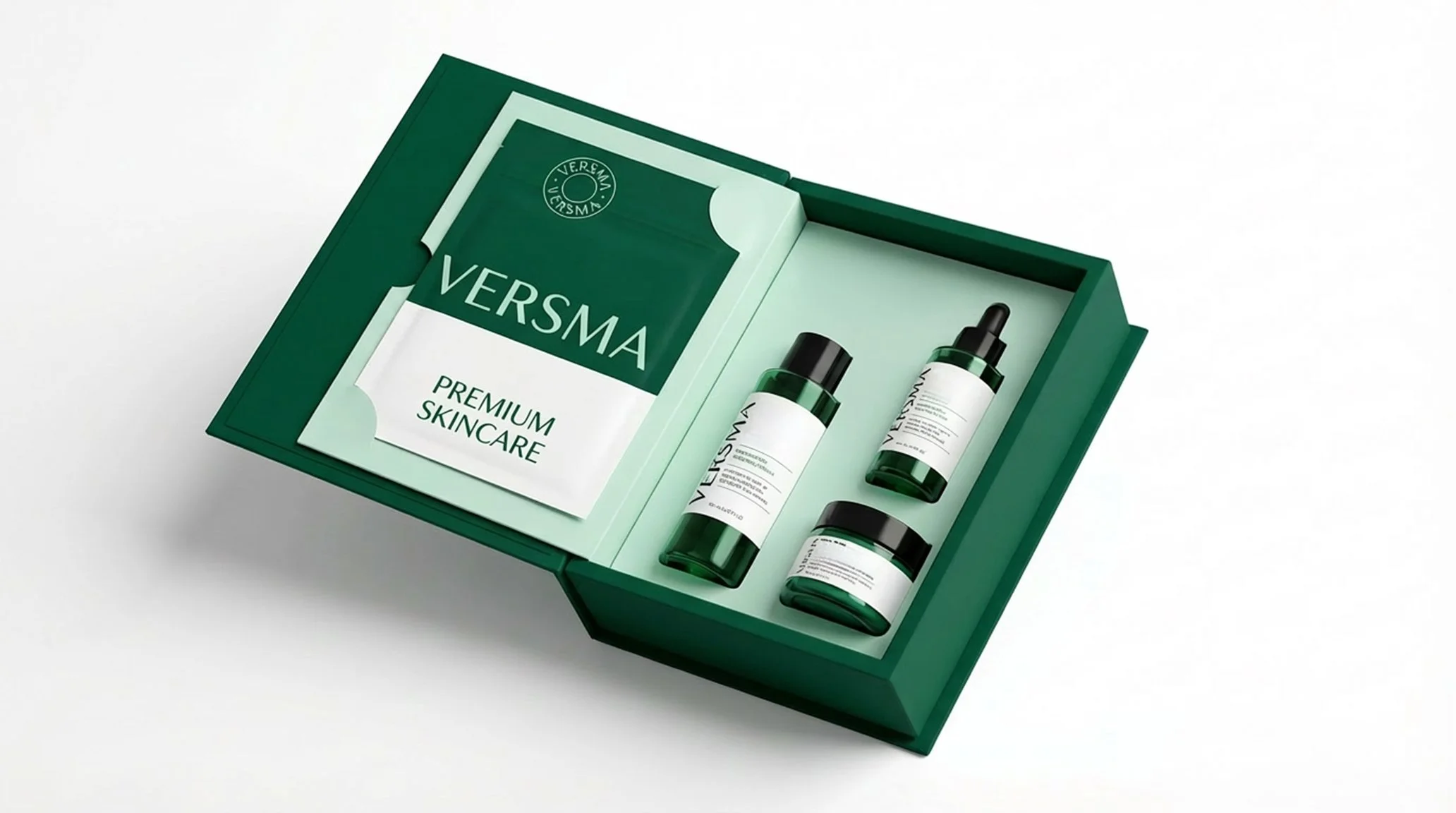 Open green skincare gift set with bottles and packaging inside a green box, labeled 'VERSPA PREMIUM SKINCARE'.