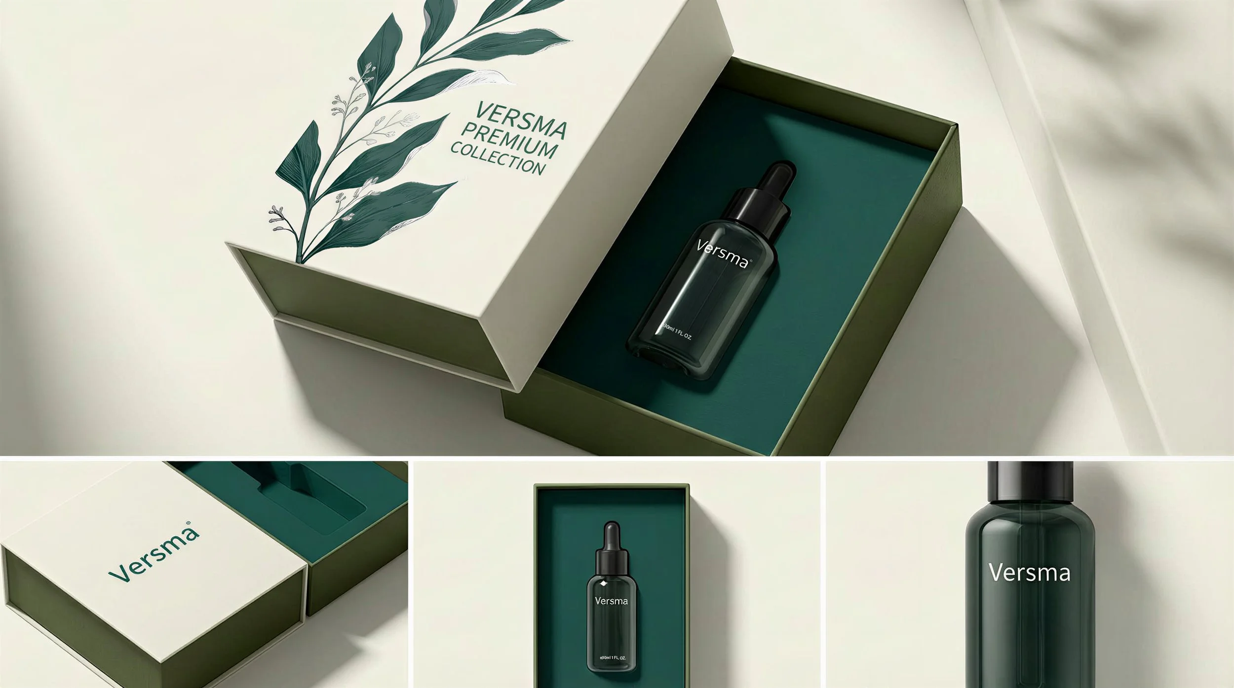 A black dropper bottle labeled Versma inside an elegant green and white box with botanical artwork and the text "Versma Premium Collection" on the lid.