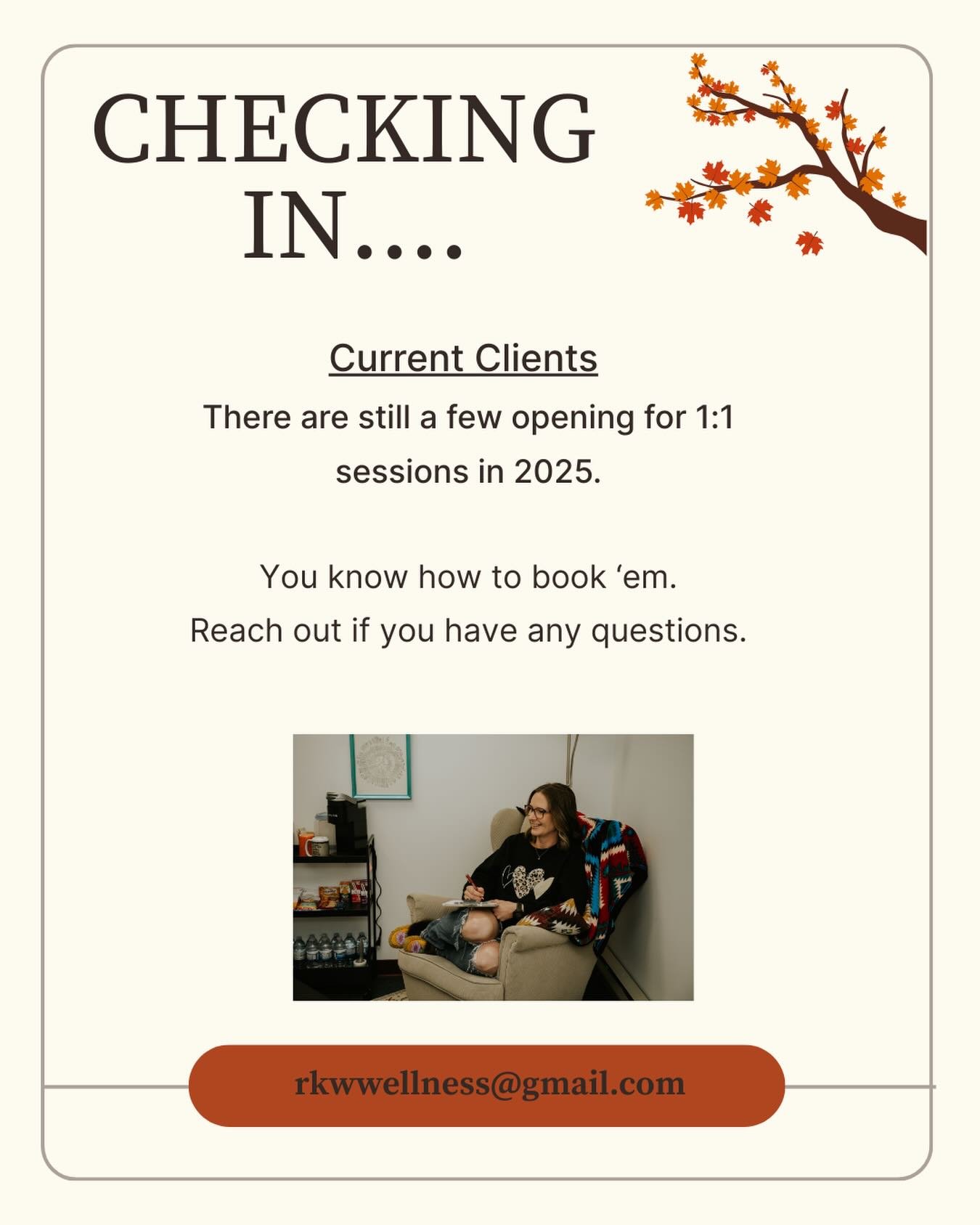 It&rsquo;s December 13th and I am finally getting around to doing this Christmas Tree thing&hellip;. Can&rsquo;t believe there are just a few short weeks left in the month~ year!!!
As for RKW Wellness and my 1:1 work&hellip;.
There are a few 1:1 sess