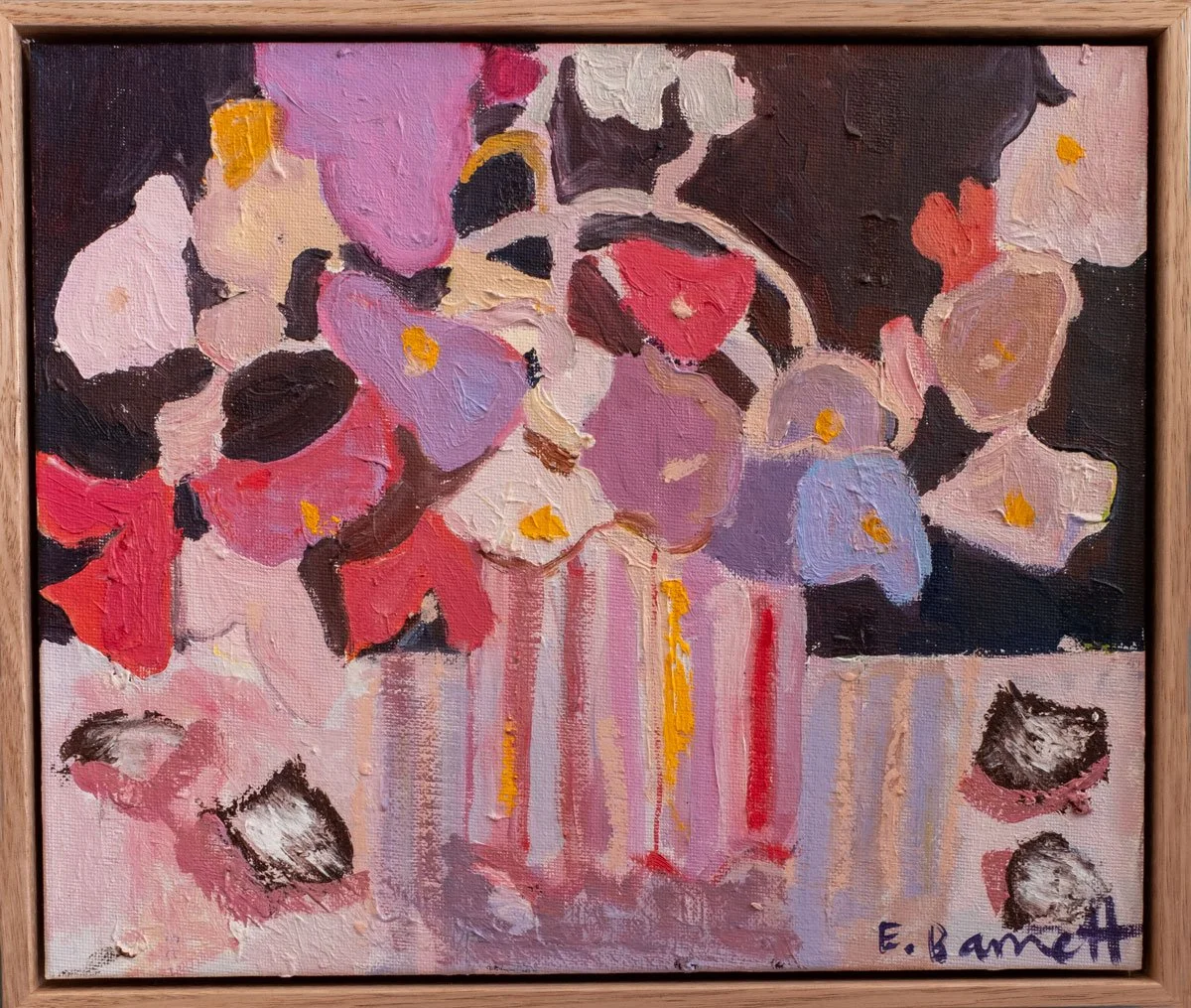 "Nasturtiums in Red and Pink" 2025, oil on canvas board framed, 25 x 30cm, Available through AK Bellinger Gallery