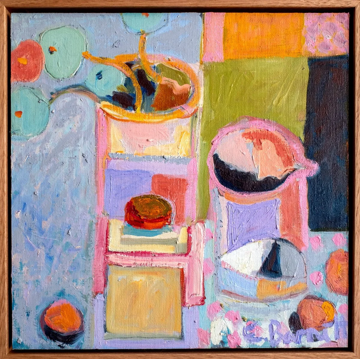 "Nasturtiums in the Studio" 2025, oil on linen board framed, 30 x 30cm Available at AK Bellinger Gallery