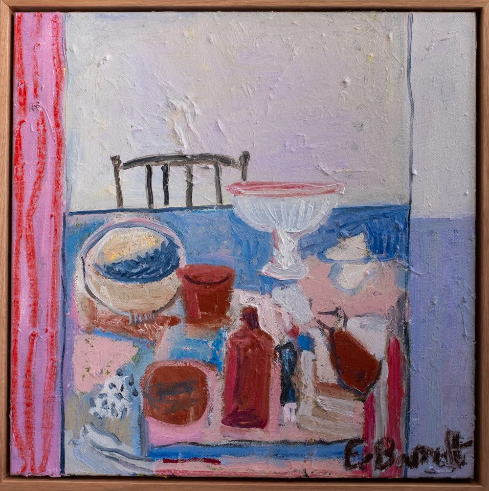 "Marseilles Table" 2025, oil on linen framed, 41 x 41cm, available at AK Bellinger Gallery