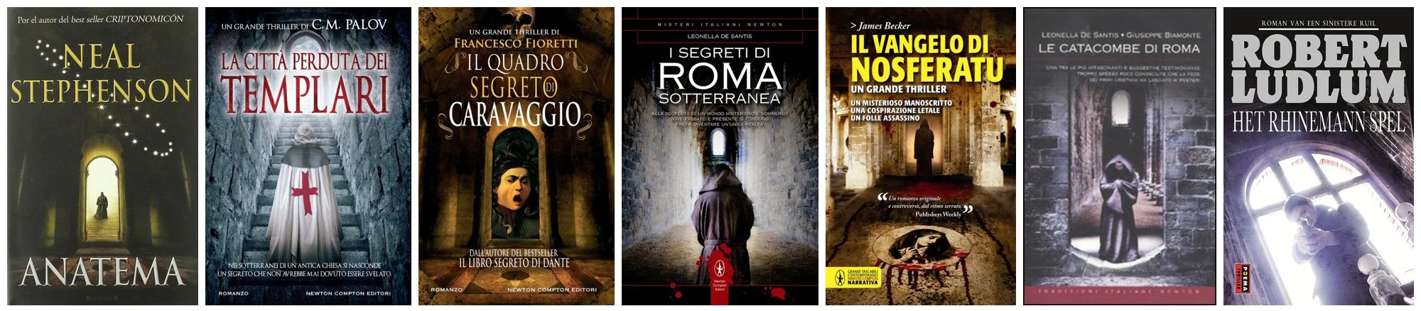 A collection of six book covers in various languages, each featuring mysterious or historical imagery and figures in cloaks or medieval settings. Titles and authors are prominently displayed with different graphical styles.