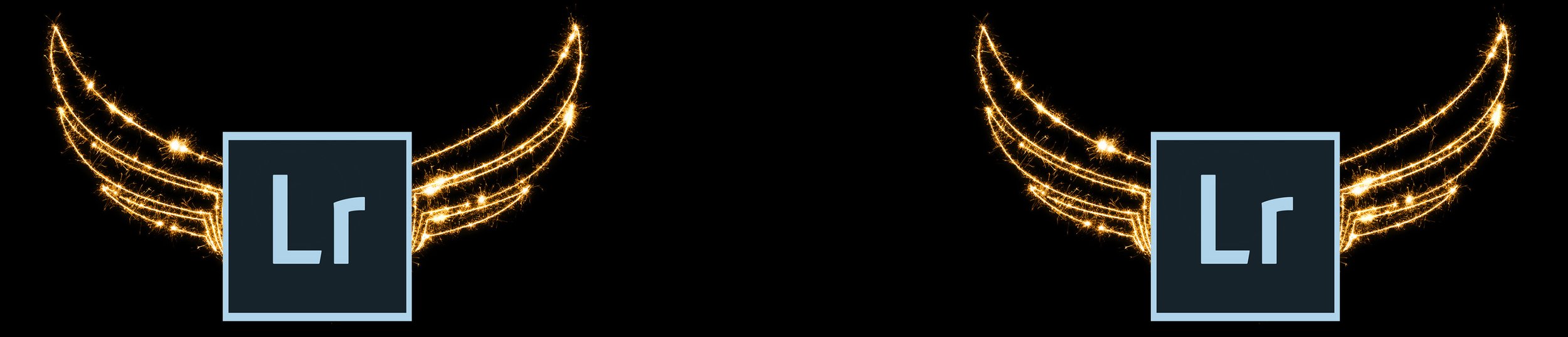 Adobe Lightroom logo with golden sparkler wings on a black background.