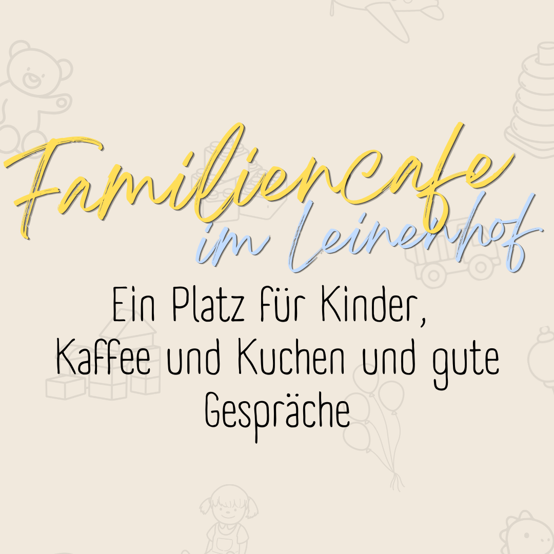 Text auf einem grafischen Hintergrund, der einen Platz für Kinder, Kaffee, Kuchen und gute Gespräche bewirbt, mit einer dekorativen Zeichnung im Hintergrund.