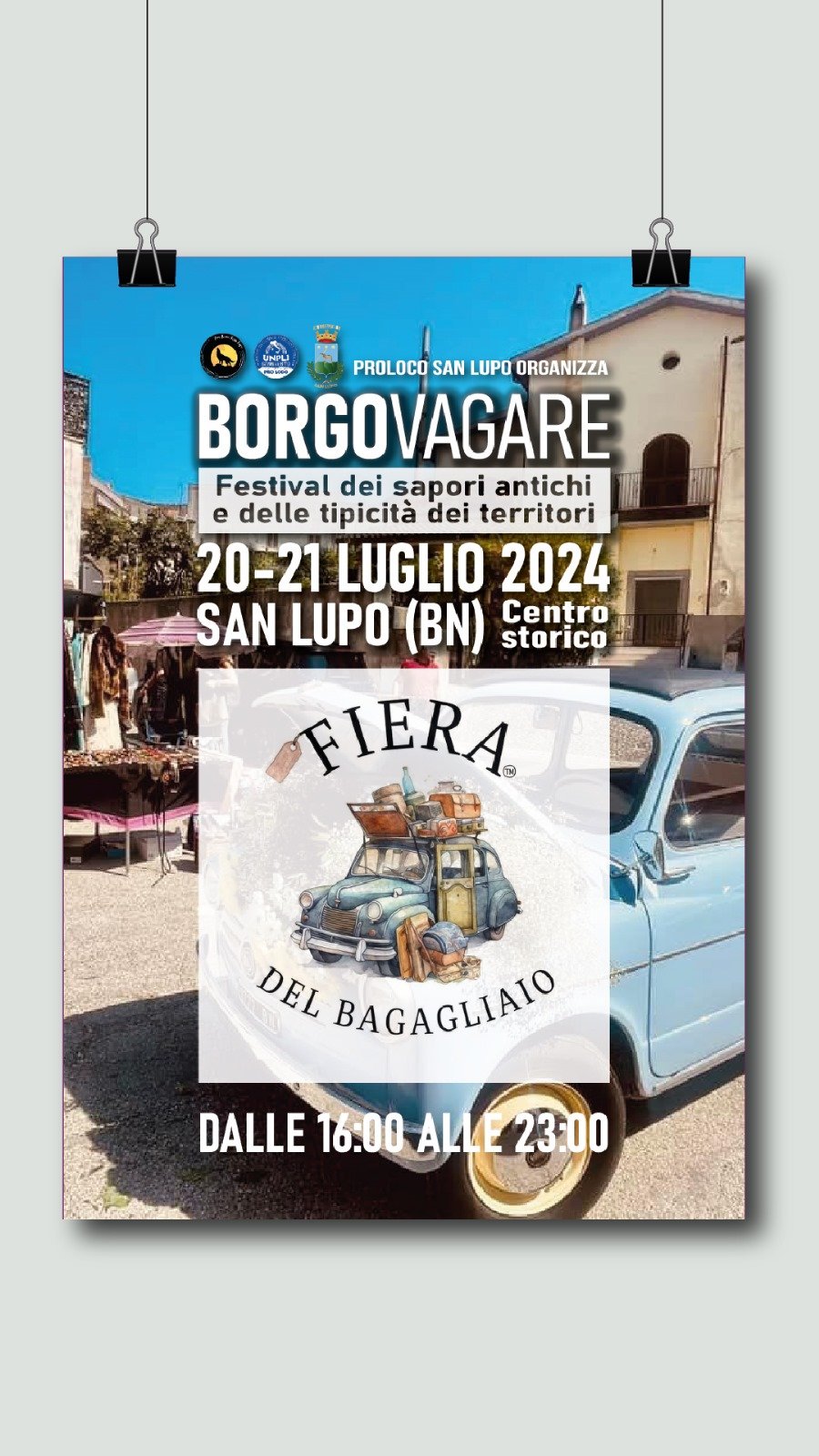 Locandina di un evento a San Lupo (BN) chiamato Borgovagare, festival dei sapori antichi e delle tipicità dei territori, il 20-21 luglio 2024 nel centro storico dalle 16:00 alle 23:00, con un'immagine di un'auto d'epoca carica di bagagli.