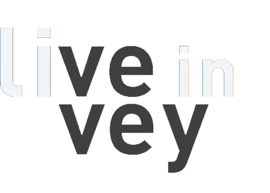 Texte "live in vey" sur fond blanc.