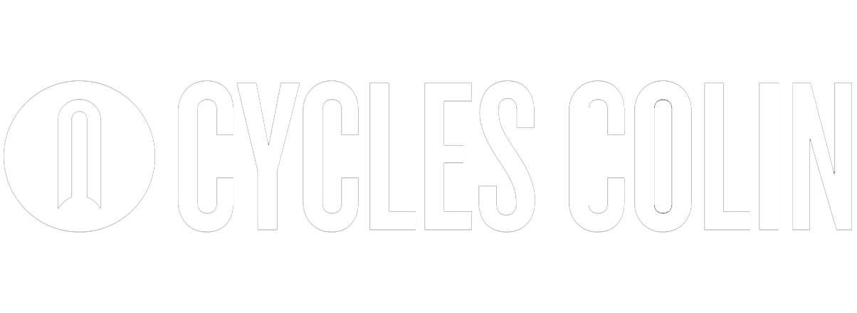 Logo de Cycles Colin avec un symbole circulaire et le texte "Cycles Colin" en noir et blanc.