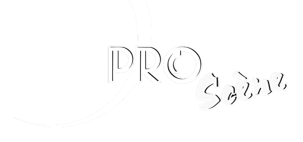 Logo avec le texte "PRO Scène" sur fond noir et éléments graphiques blancs.